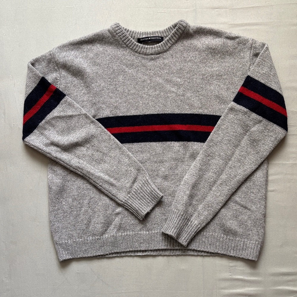 Brandy Melville Gray Crewneck Sweater with Red and Black Stripes